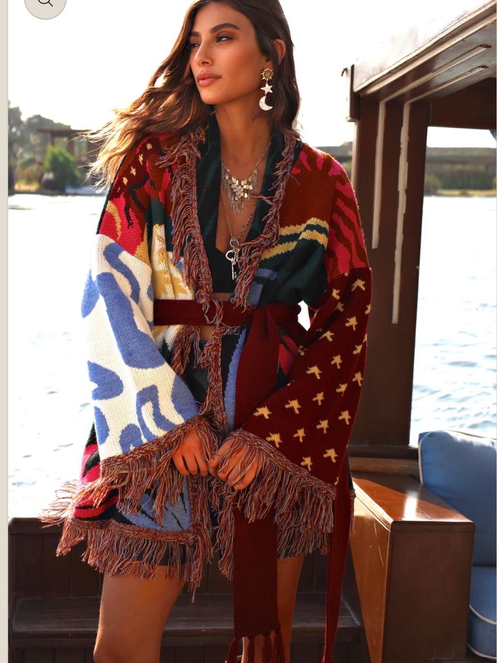 NWT Ausetia Tides of Sobek Egyptian Wool Bohemian Multi-Color Fringe Cardigan - Picture 4 of 5